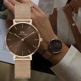 Daniel Wellington Petite Melrose Brown Dial Rose Gold Mesh Strap Watch For Women - DW00100477 Authentic Buy Shop Now