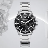 Emporio Armani Diver Chronograph Black Dial Silver Steel Strap Watch For Men - AR11360