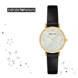 Emporio Armani Gianni T-Bar Quartz Mother of Pearl Dial Black Leather Strap Watch For Women - AR1910 Authentic Buy Shop Now