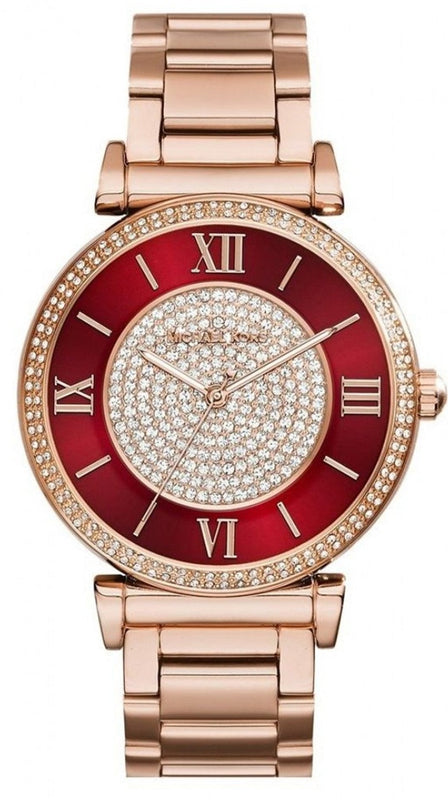 Michael Kors Caitlin Red Dial Rose Gold Stainless Steel Strap Watch for Women - MK3377 Authentic Buy Shop Now