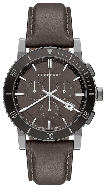 Burberry The City Chronograph Ion Plated Grey Dial Grey Leather Strap Watch for Men - BU9384 Authentic Buy Shop Now