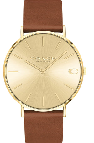 Coach Charles Gold Dial Brown Leather Strap Watch for Women - 14602433 Authentic Buy Shop Now