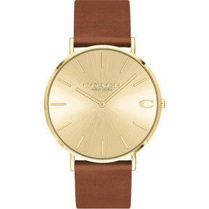 Coach Charles Gold Dial Brown Leather Strap Watch for Women - 14602433 Authentic Buy Shop Now