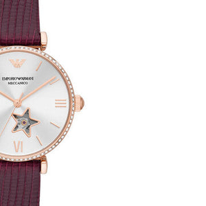 Emporio Armani Meccanico Automatic Silver Dial Burgundy Leather Strap Watch For Women - AR60044 Authentic Buy Shop Now