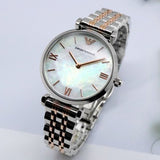 Emporio Armani Gianni T-Bar Mother of Pearl Dial Two Tone Steel Strap Watch For Women - AR1987 Authentic Buy Shop Now