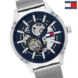 Tommy Hilfiger Spencer Skeleton Black Dial Silver Mesh Bracelet Watch for Men - 1791643 Authentic Buy Shop Now