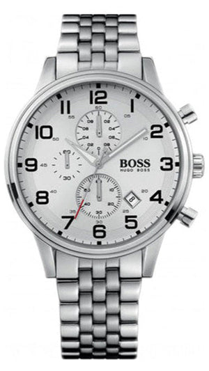 Hugo Boss Aeroliner Chronograph White Dial Silver Steel Strap Watch For Men - 1512445 Authentic Buy Shop Now