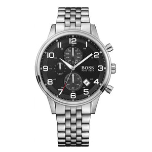 Hugo Boss Aeroliner Chronograph Black Dial Silver Steel Strap Watch For Men - 1512446 Authentic Buy Shop Now
