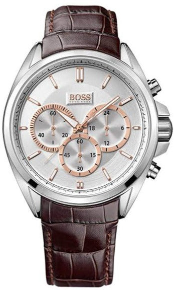 Hugo Boss Driver Chronograph Silver Dial Brown Leather Strap Watch For Men - 1512881 Authentic Buy Shop Now