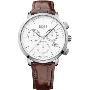 Hugo Boss Slim Chronograph White Dial Brown Leather Strap Watch For Men - 1513263 Authentic Buy Shop Now
