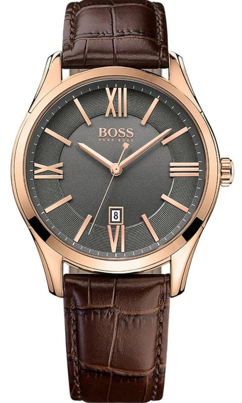 Hugo Boss Ambassador Grey Dial Brown Leather Strap Watch for Men - 1513387 Authentic Buy Shop Now