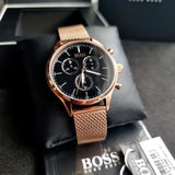 Hugo Boss Companion Chronograph Black Dial Rose Gold Steel Strap Watch For Men - 1513548 Authentic Buy Shop Now