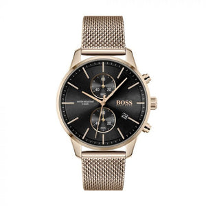 Hugo Boss Associate Black Dial Rose Gold Mesh Bracelet Watch for Men - 1513806 Authentic Buy Shop Now