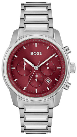 Hugo Boss Trace Chronograph Red Dial Silver Steel Strap Watch For Men - 1514004 Authentic Buy Shop Now
