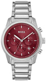 Hugo Boss Trace Chronograph Red Dial Silver Steel Strap Watch For Men - 1514004 Authentic Buy Shop Now