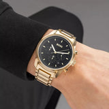 Hugo Boss Trace Chronograph Black Dial Gold Steel Strap Watch For Men - 1514006 Authentic Buy Shop Now