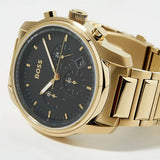Hugo Boss Trace Chronograph Black Dial Gold Steel Strap Watch For Men - 1514006 Authentic Buy Shop Now