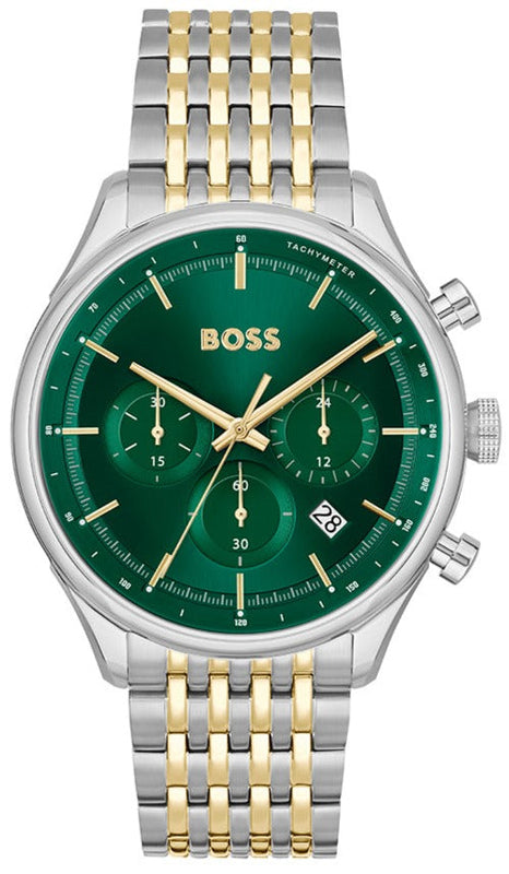 Hugo Boss Gregor Chronograph Green Dial Two Tone Steel Strap Watch For Men - 1514081 Authentic Buy Shop Now