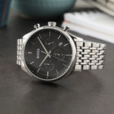 Hugo Boss Gregor Chronograph Black Dial Silver Steel Strap Watch For Men - 1514082 Authentic Buy Shop Now