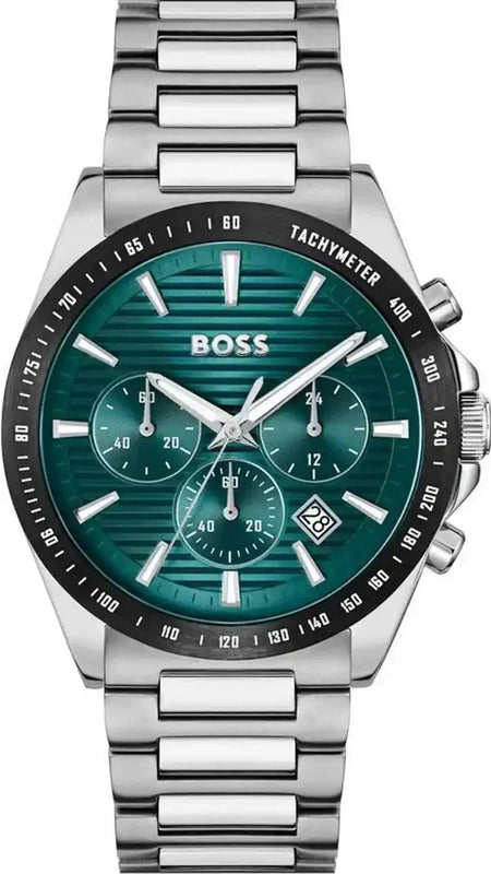 Hugo Boss Strike Chronograph Green Dial Silver Steel Strap Watch for Men - 1514241