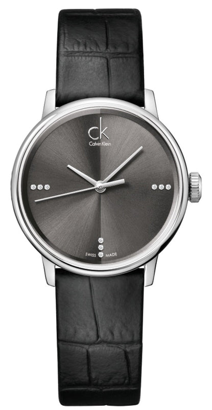 Calvin Klein Grey Dial Black Leather Strap Watch for Women - K2Y2Y1CU Authentic Buy Shop Now