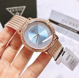 Guess Willow Crystal Blue Dial Rose Gold Mesh Bracelet Watch For Women - W0836L1 Authentic Buy Shop Now