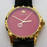 Gucci G Timeless Coral Red Dial Black Leather Strap Watch For Men - YA126464 Authentic Buy Shop Now