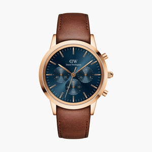Daniel Wellington Iconic Chronograph Blue Dial Brown Leather Strap Watch For Men - DW00100639 Authentic Buy Shop Now