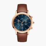 Daniel Wellington Iconic Chronograph Blue Dial Brown Leather Strap Watch For Men - DW00100639 Authentic Buy Shop Now