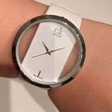 Calvin Klein Glam Transparent Dial White Leather Strap Watch for Women - K9423101 Authentic Buy Shop Now