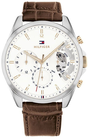 Tommy Hilfiger Baker Chronograph White Dial Brown Leather Strap Watch For Men - 1710450 Authentic Buy Shop Now