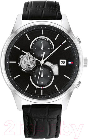 Tommy Hilfiger Weston Chronograph Black Dial Black Leather Strap Watch For Men - 1710502 Authentic Buy Shop Now