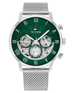 Tommy Hilfiger Legend Chronograph Green Dial Silver Mesh Bracelet Watch For Men - 1710567 Authentic Buy Shop Now