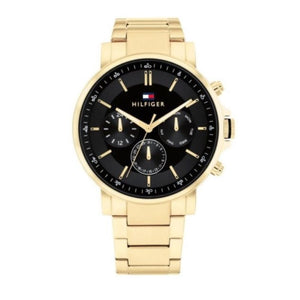 Tommy Hilfiger Tyson Chronograph Black Dial Gold Steel Strap Watch For Men - 1710589 Authentic Buy Shop Now