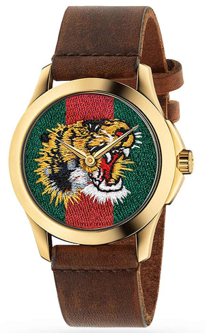 Gucci Le Marche Des Merveilles Red & Green Dial Brown Leather Strap Unisex Watch - YA126497 Authentic Buy Shop Now