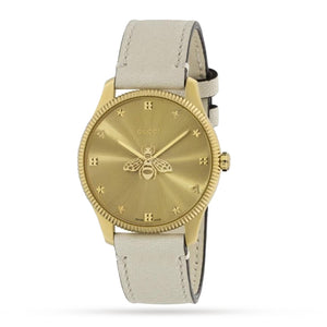 Gucci G Timeless Quartz Gold Dial Beige Leather Strap Watch For Women - YA1264180 Authentic Buy Shop Now