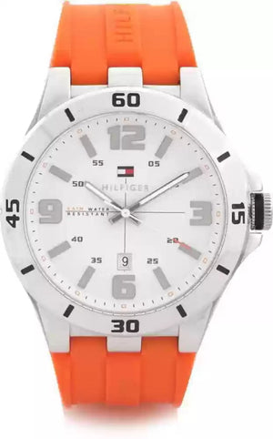 Tommy Hilfiger Analog White Dial Orange Rubber Strap Watch for Men - 1791063 Authentic Buy Shop Now