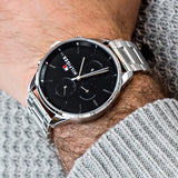 Tommy Hilfiger Chase Quartz Black Dial Silver Steel Strap Watch For Men - 1791485 Authentic Buy Shop Now