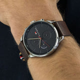 Tommy Hilfiger Chase Chronograph Grey Dial Brown Leather Strap Watch For Men - 1791487 Authentic Buy Shop Now