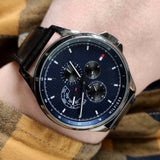 Tommy Hilfiger Shawn Multifunction Quartz Blue Dial Black Leather Strap Watch for Men - 1791616 Authentic Buy Shop Now