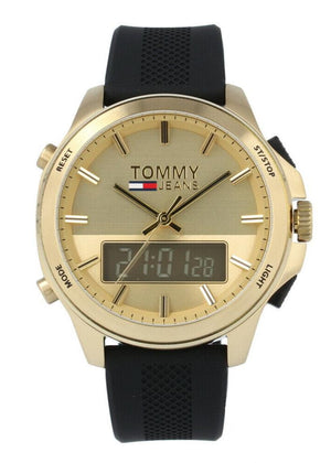 Tommy Hilfiger Jeans Digital Analog Gold Dial Black Rubber Strap Watch For Women - 1791762 Authentic Buy Shop Now