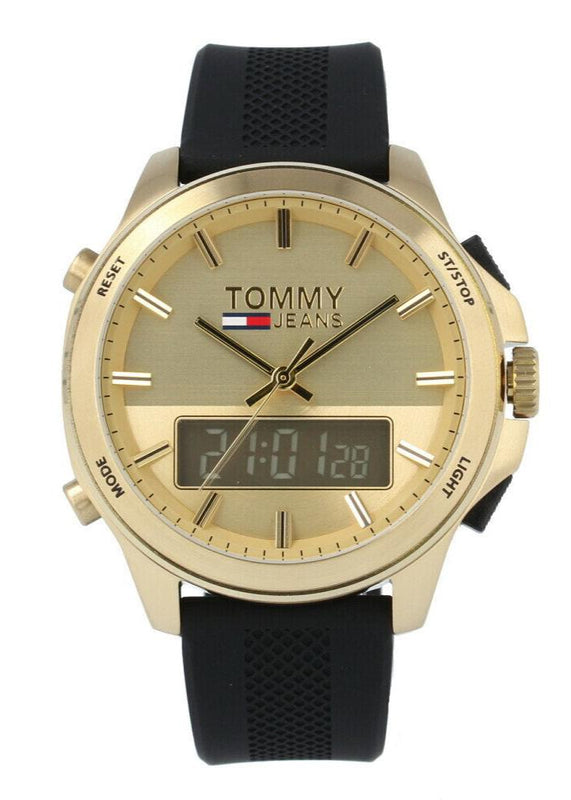 Tommy Hilfiger Jeans Digital Analog Gold Dial Black Rubber Strap Watch For Women - 1791762 Authentic Buy Shop Now