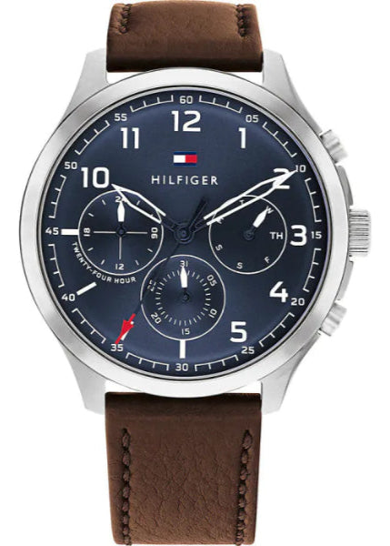 Tommy Hilfiger Asher Chrongraph Blue Dial Brown Leather Strap Watch For Men - 1791855 Authentic Buy Shop Now