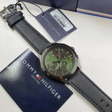 Tommy Hilfiger Asher Chronograph Green Dial Black Leather Strap Watch For Men - 1791856 Authentic Buy Shop Now