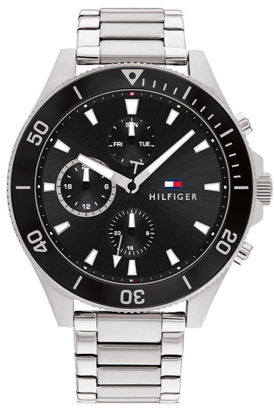 Tommy Hilfiger Larson Multifunction Black Dial Silver Steel Strap Watch For Men - 1791916 Authentic Buy Shop Now
