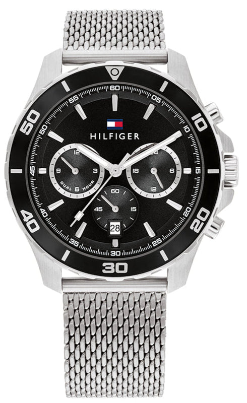 Tommy Hilfiger Jordan Chronograph Black Dial Silver Mesh Strap Watch For Men - 1792092 Authentic Buy Shop Now