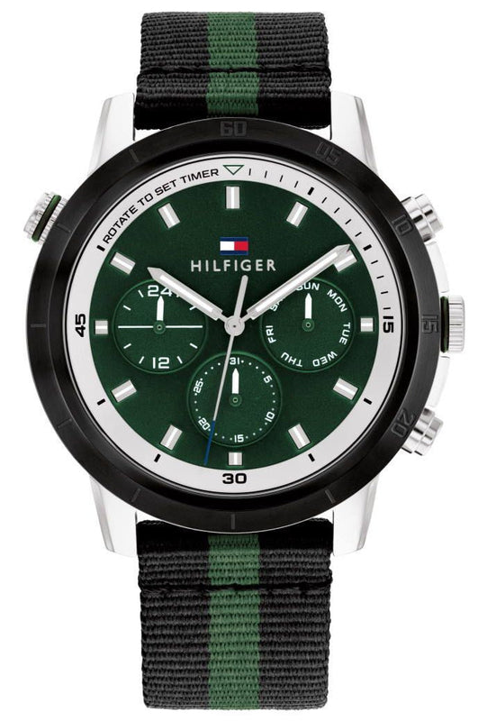 Tommy Hilfiger Troy Chronograph Green Dial Two Tone Nylon Strap Watch For Men - 1792107 Authentic Buy Shop Now