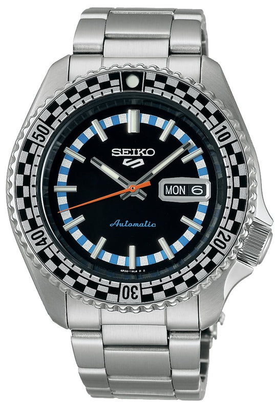 Seiko 5 Sports Checker Flag Special Edition Black Dial Silver Steel Strap Watch For Men - SRPK67K1 Authentic Buy Shop Now