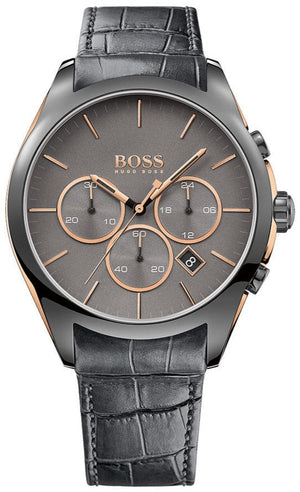 Hugo Boss Onyx Chronograph Grey Dial Black Leather Strap Watch For Men - HB1513366 Authentic Buy Shop Now