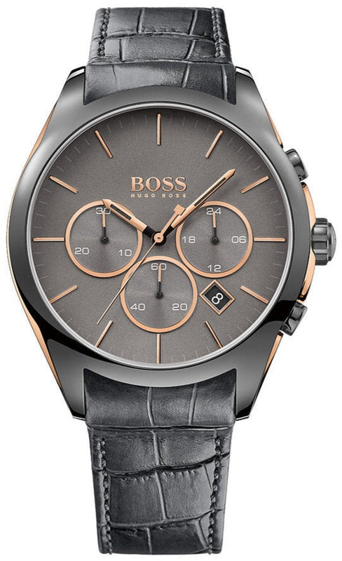Hugo Boss Onyx Chronograph Grey Dial Black Leather Strap Watch For Men - HB1513366 Authentic Buy Shop Now